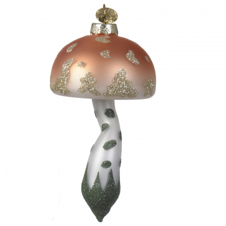 COLECTII CRACIUN 2025 - Glob brad Craciun model ciupercuta cu sclipici, 11 cm, sticla, auriu - BraziPremium.ro
