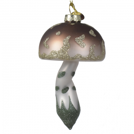COLECTII CRACIUN 2025 - Glob brad Craciun model ciupercuta cu sclipici, 11 cm, sticla, maro - BraziPremium.ro