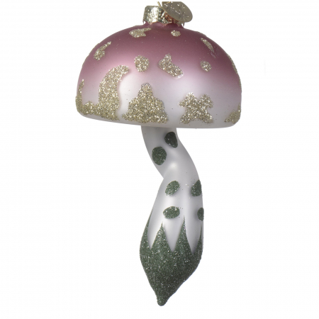 Forest Tale - Glob brad Craciun model ciupercuta cu sclipici, 11 cm, sticla, roz - BraziPremium.ro