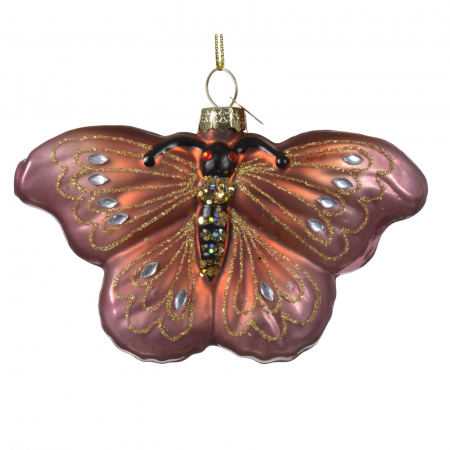 Forest Tale - Glob brad Craciun model fluture cu pietre, 8 cm, sticla, ciclam - BraziPremium.ro
