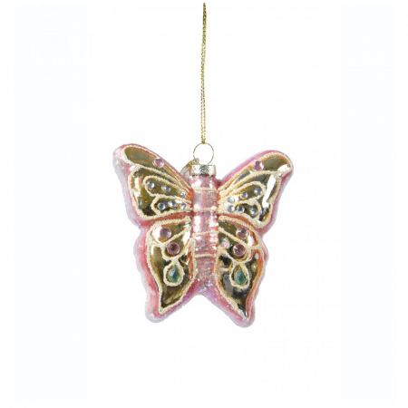 ORNAMENTE BRAD - Glob brad Craciun model Fluture, 8 cm, roz - BraziPremium.ro
