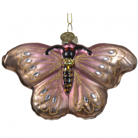 Forest Tale - Glob brad Craciun model fluture cu pietre, 8 cm, sticla, roz - BraziPremium.ro