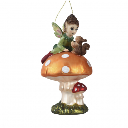 Forest Tale - Glob brad Craciun tip ciupercuta si spiridus, 11 cm, sticla, multicolor - BraziPremium.ro