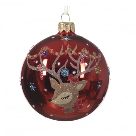 Forest Tale - Glob brad de Craciun Rudolf, 8 cm, sticla, rosu-BraziPremium.ro