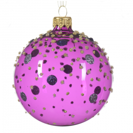 Glob brad de Craciun cu buline, 8 cm, sticla, roz-BraziPremium.ro