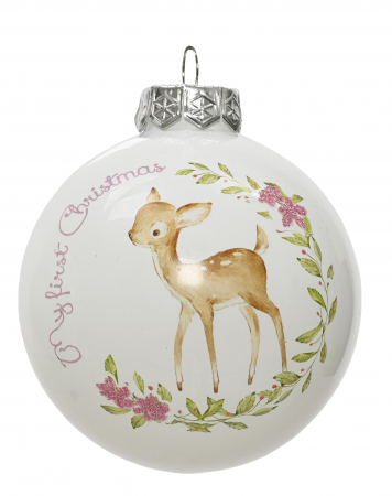 Glob brad Primul meu Craciun, caprioara Bambi, 8 cm, sticla, alb - BraziPremium.ro