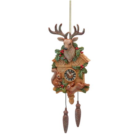 Forest Tale - Ornament brad Ceas cu Ren, Veverita si Iepuras, 19 cm, maro - BraziPremium By OLLMA