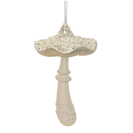 Ornamente pentru brad - Ornament brad Ciuperca cu margele stralucitoare, 18 cm, alb - BraziPremium By OLLMA