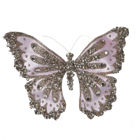Frozen In Time - Ornament brad Fluture catifelat, 19 cm, poliester, roz pudrat - BraziPremium.ro