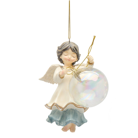 Classic Romance - Ornament brad Ingeras cu glob in mana, 14 cm, alb - BraziPremium By OLLMA