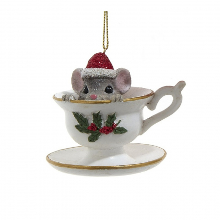 Ornamente pentru brad - Ornament brad Soricel curios in ceasca, 8 cm, multicolor - BraziPremium By OLLMA