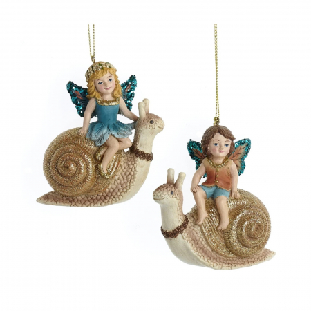 Set 2 ornamente brad model fata si baiat pe melc din padurea magica, 9 cm, maro - BraziPremium.ro