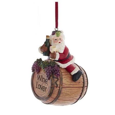 Ornament brad Mos Craciun „Wine Lover” pe butoi de vin, 9 cm, multicolor - BraziPremium By OLLMA