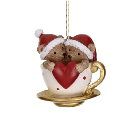 Ornament brad Ursuleti in ceasca cu inima, 9 cm, multicolor - BraziPremium By OLLMA