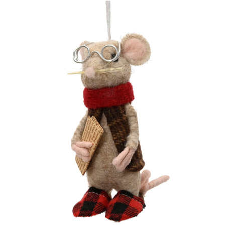 Ornament brad Soricel cu ochelari si fular, 13 cm, bej - BraziPremium By OLLMA