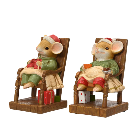 Set 2 ornamente brad Soricei pe scaune din lemn, 14 cm, multicolor - BraziPremium By OLLMA