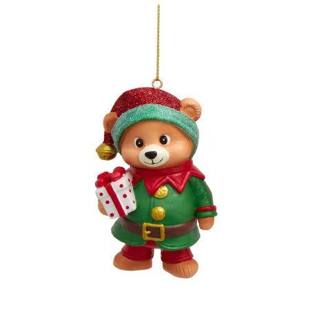 Ornament brad Ursulet Elf cu cadou, 9 cm, verde - BraziPremium By OLLMA