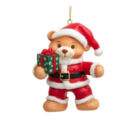 Ornament brad Ursulet Mos Craciun cu cadou, 9 cm, rosu - BraziPremium By OLLMA