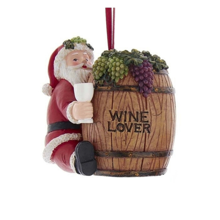 Ornament brad Mos Craciun „Wine Lover” cu butoi de vin si pahar, 9 cm, multicolor - BraziPremium By OLLMA