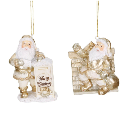 Set 2 ornamente brad Mos Craciun cu semineu si cutie postala, 8 cm, auriu - BraziPremium By OLLMA