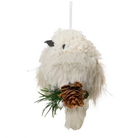 Ornamente pentru brad - Ornament brad Bufnita cu ramura pin si con, 5x6.5x10 cm, crem - BraziPremium By OLLMA