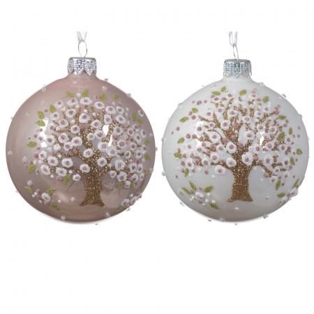Forest Tale - Set 2 globuri brad Craciun Copac inflorit, 8 cm, sticla-BraziPremium.ro