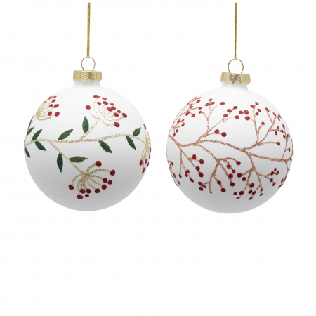 Set 2 globuri brad Craciun Red Berry, 8 cm, alb - BraziPremium.ro