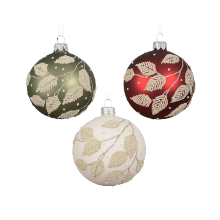 Set 3 globuri brad Craciun model ramura cu frunze, 8 cm, multicolor - BraziPremium By OLLMA