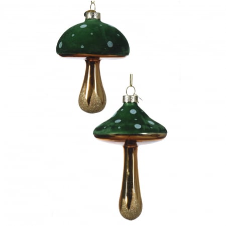 Forest Tale - Set 2 globuri Craciun model ciupercuta catifelata, 9.5 cm, sticla, verde - BraziPremium.ro
