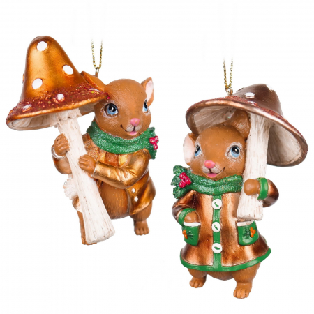 Set 2 ornamente brad model Soricel cu ciupercuta, 10 cm, maro - BraziPremium.ro