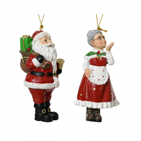 Ornamente pentru brad - Set 2 ornamente brad Mos Craciun si Craciunita, 5.5x5.2x11.5 cm, multicolor - BraziPremium By OLLMA