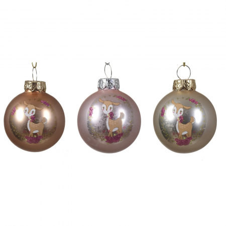 Set 3 globuri brad Craciun Bambi, sticla, 4.5 cm, roz - BraziPremium.ro