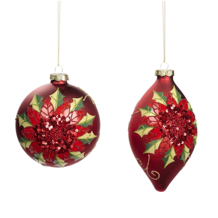 Set 2 globuri brad Craciun Poinsettia Bloom, 10 cm, rosu - BraziPremium By OLLMA
