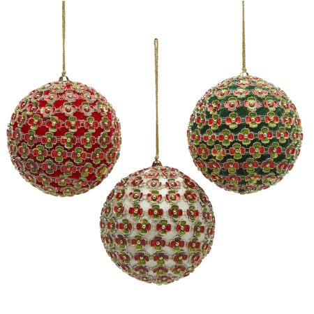 Globuri - Set 3 globuri brad Craciun cu flori decorative, 10 cm, multicolor - BraziPremium By OLLMA