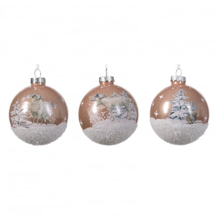 Forest Tale - Set 3 globuri brad Craciun cu zapda, animale, 8 cm, sticla, crem - BraziPremium.ro