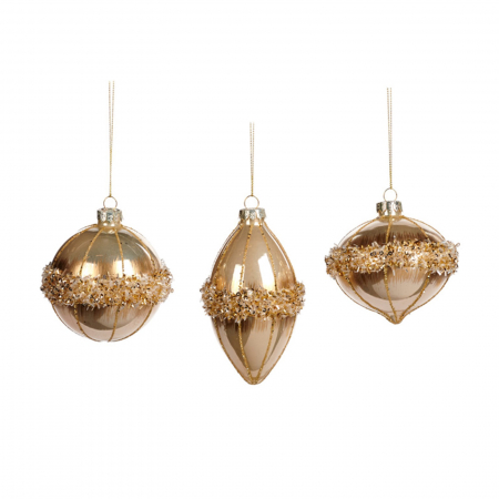 ORNAMENTE BRAD - Set 3 globuri brad Craciun Ring Ball, 8 cm, auriu - BraziPremium.ro