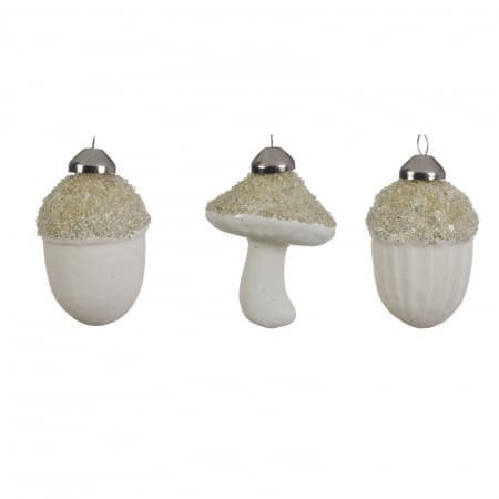 Forest Tale - Set 3 globuri brad Craciun model ghinda, con si ciupercuta, 7.5 cm, sticla, alb - BraziPremium.ro