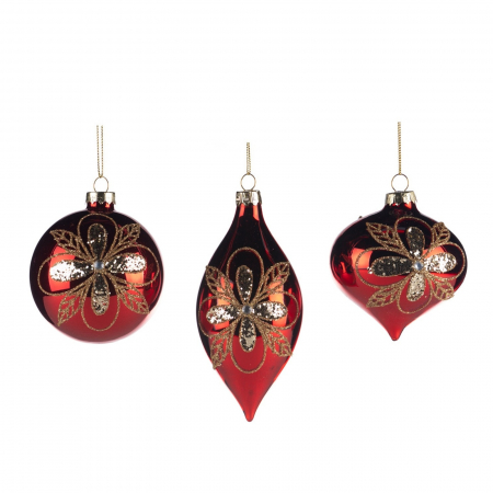 ORNAMENTE BRAD - Set 3 globuri brad Craciun Christmas Bloom, 8 cm, rosu - BraziPremium.ro