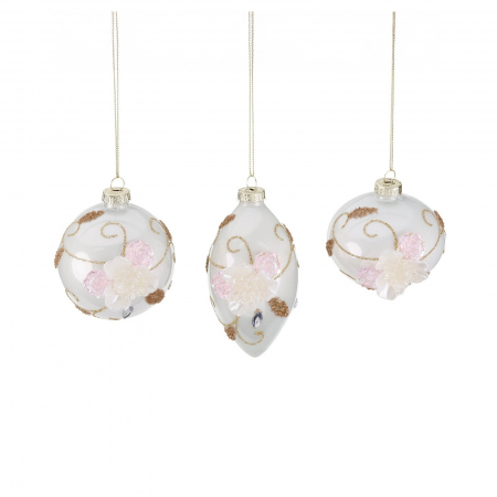 ORNAMENTE BRAD - Set 3 globuri brad Craciun Blooming Flowers, 8 cm, alb - BraziPremium.ro