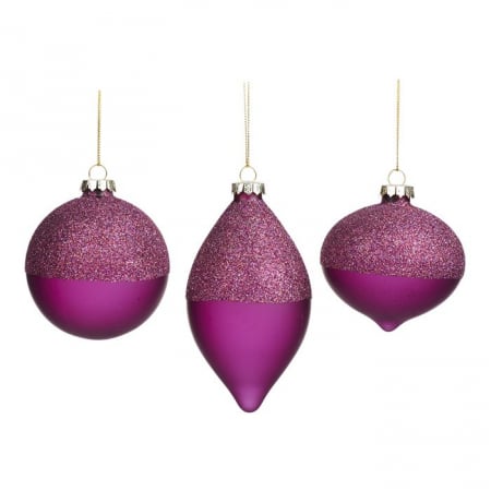 Candy Christmas - Set 3 globuri brad Glitter Fucsia, sticla, 8 cm