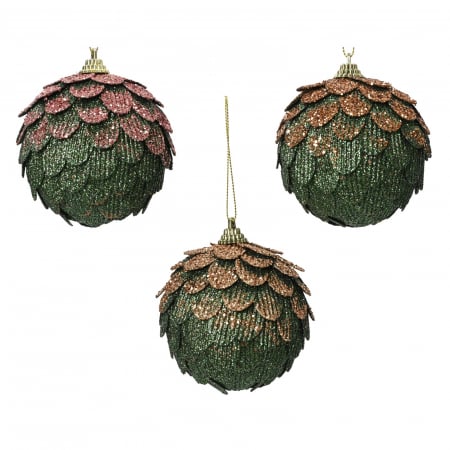 Set 3 globuri cu paiete brad de Craciun, verde, 8 cm - BraziPremium.ro