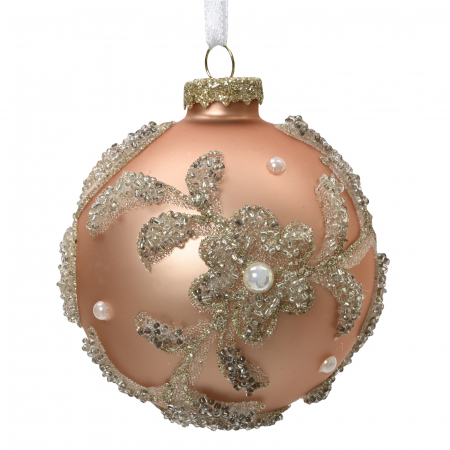 ORNAMENTE BRAD - Set 3 globuri pentru brad cu flori si perle, 8 cm, sticla, piersica - BraziPremium.ro