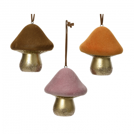 COLECTII CRACIUN 2025 - Set 3 ornamente brad Ciupercuta catifea, 9 cm, ceramica, multicolor - BraziPremium.ro