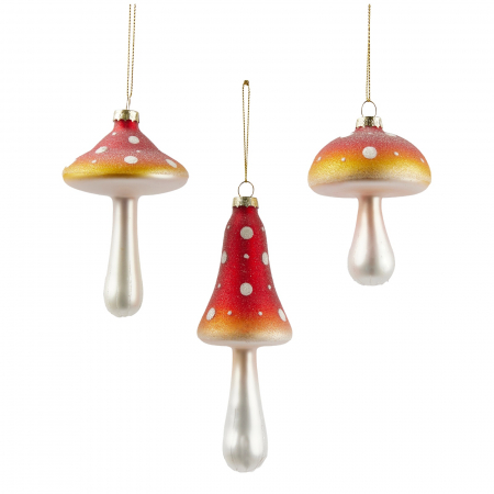 Ornamente pentru brad - Set 3 ornamente brad Ciupercuta cu sclipici, 15 cm, rosu - BraziPremium.ro