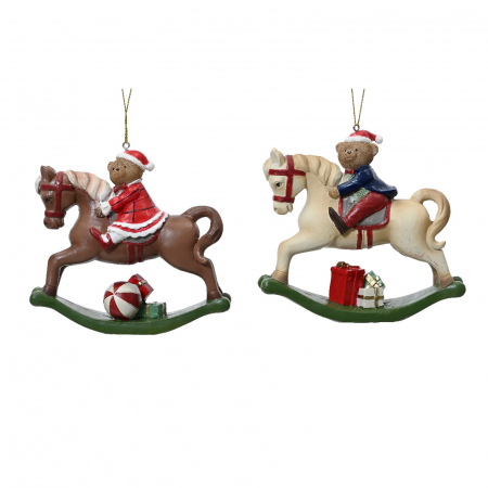 Ornamente pentru brad - Set 2 ornamente brad model calut pe balansoar cu ursulet, 12.5x4.5x12 cm, multicolor - BraziPremium By OLLMA