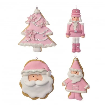 ORNAMENTE BRAD - Set 4 ornamente brad model turta dulce Pink Christmas, 12 cm, Clay Dough, roz - BraziPremium.ro