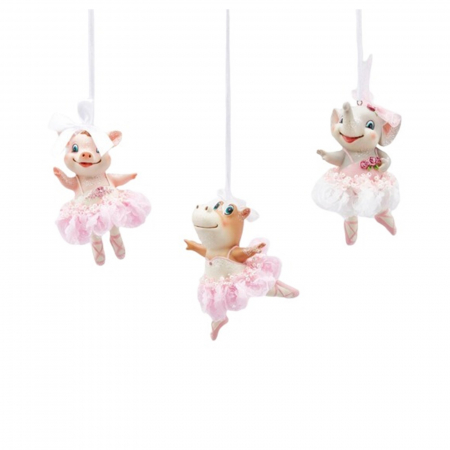 Set 3 ornamente brad model Purcelus, Hipopotam si Elefant, 10 cm, rasina, roz - BraziPremium.ro