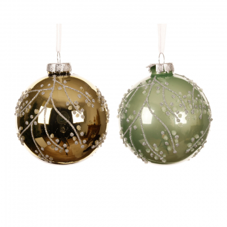 ORNAMENTE BRAD - Set 6 globuri brad Craciun din sticla cu ramuri argintii, 8 cm, verde - BraziPremium.ro