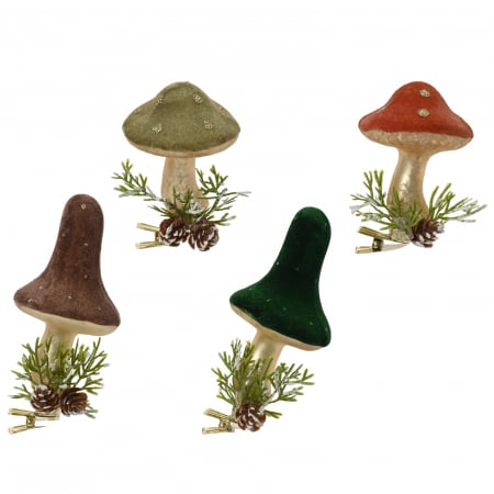Forest Tale - Set 4 ornamente de brad ciupercute cu clips, 7 cm, sticla, multicolor - BraziPremium.ro