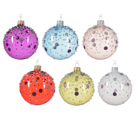 Candy Christmas - Set 6 globuri brad Craciun cu buline, 8 cm, sticla, multicolor-BaziPremium.ro
